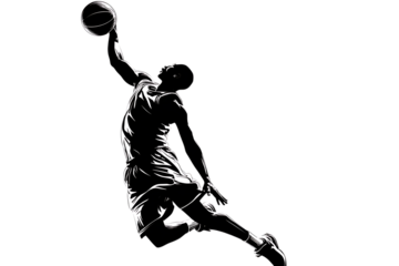 Dynamic basketball player soaring for a powerful dunk, capturing athletic excellence and game-winning momentum in a bold silhouette style.