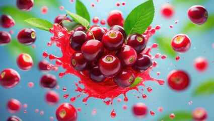 Bright red cherries with green leaves plunging into a splash of juice, surrounded by flying cherry pieces. Fresh fruit and juice splash concept. Juicy and vibrant.