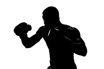 Intense boxer in fighting stance, sweat glistening, muscles defined, dramatic low-key lighting, powerful silhouette, athletic determination