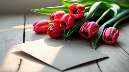 Red tulips placed on a wooden surface with a blank letter or card, styled for a romantic or heartfelt occasion.