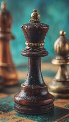 Close-up of a weathered dark-toned wooden chess queen piece positioned on a richly patterned  board.