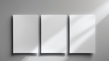Three blank white canvases on a wall with light and shadow. Minimalist modern art display. Empty frames for artwork or photos. Contemporary interior decor.