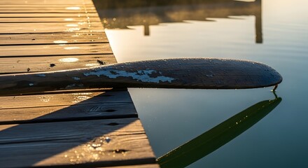 Oar resting on the edge of pier over water