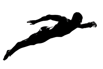 Dynamic swimmer in silhouette gliding through water, achieving peak performance and athletic grace with powerful strokes and focused determination.