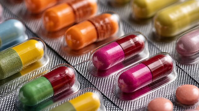 Close-up of vibrant multicolored capsules and tablets in blister packs, showcasing a variety of shapes and sizes.