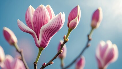 Fototapeta premium Close-up of pink and white magnolia flowers on branches against a blue sky background.