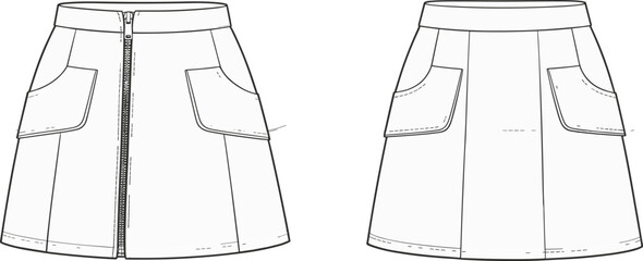 A-line skirt technical flat, front and back view, fashion CAD sketch, zipper and pocket details, garment design illustration © Creative Artist