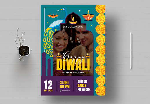 Diwali Festival Flyer Poster with Colourful Traditional Indian Design, Peacocks & Border
