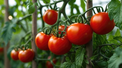 Tomatoes growing on the vine in a greenhouse or garden setting.