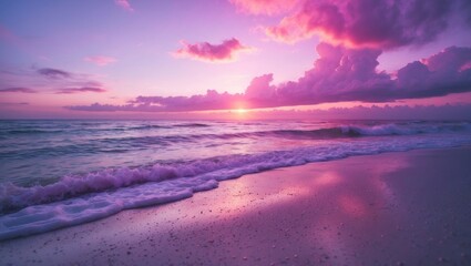 Fototapeta premium Beautiful sunset over the ocean with pink clouds and reflections on the water and sandy beach.