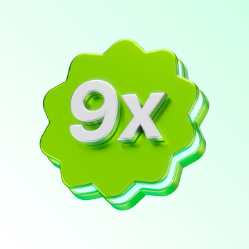green 9x or 9 times discount badge isolated on white background. 3d render