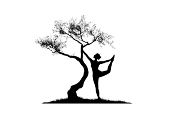 Graceful woman in yoga pose entwined with a stylized tree, embodying balance, nature, and mindful movement for wellness.