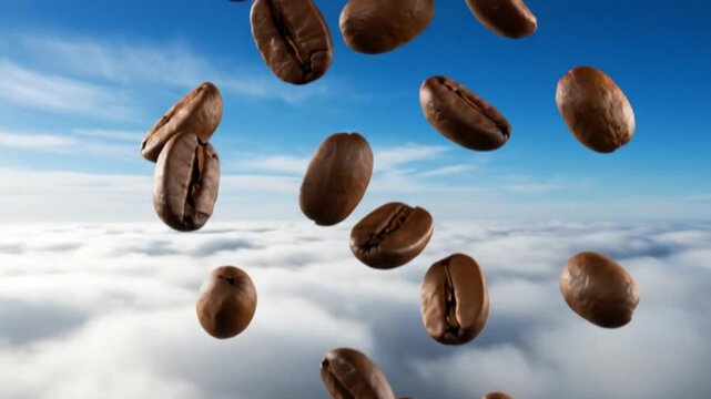 Coffee beans float against a sky with clouds showcasing coffee against a unique dreamlike backdrop