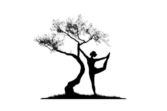 Graceful woman in yoga pose entwined with a stylized tree, embodying balance, nature, and mindful movement for wellness. - Powered by Adobe
