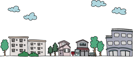 手描きのラフな日本の街並みイラスト・横長・背景イラスト