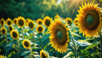 Fototapeta premium A field of sunflowers with bright yellow blossoms and green leaves, illuminated by sunlight in a natural garden setting.