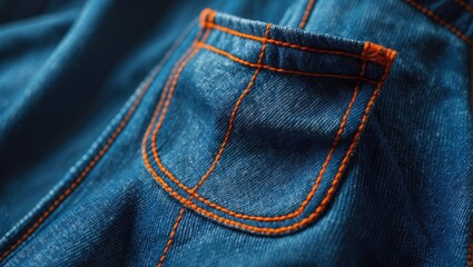 Fototapeta premium Close-up of denim pocket on jeans with orange stitching. Denim fashion and clothing, casual wear. Fabric and textile details of jeans.