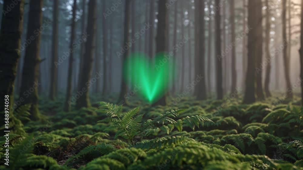 Poster A Glowing Green Heart Shaped Light Appears in a Misty Forest with Ferns, Creating a Mysterious Atmosphere With Shallow Depth Of Field