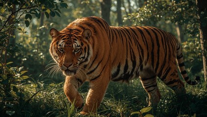 Bengal Tiger Walking Through Forest in Sunlight