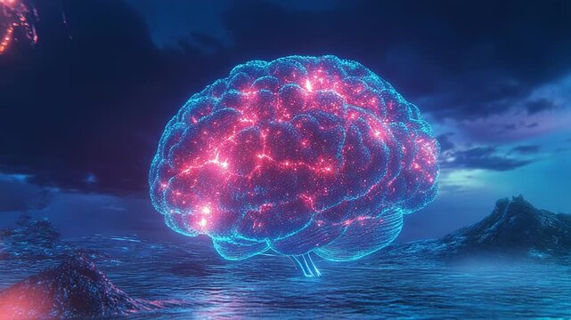 Glowing digital brain floating over surreal landscape at night