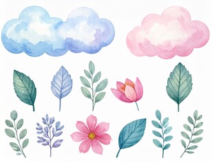 Obraz premium 手描き風の植物・自然モチーフセット