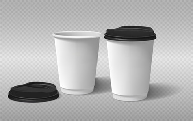 Coffee cup white with black lid vector. Template for cafes, design of the restaurant's corporate style. White cardboard coffee cup Mockup. Template disposable plastic and paperware for hot drinks