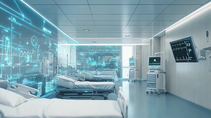 Futuristic hospital room with digital displays showing patient data - Powered by Adobe