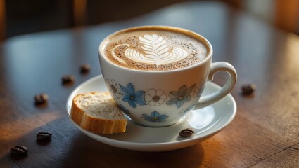 Fototapeta premium A cup of coffee with latte art on top, accompanied by a slice of bread on a saucer, surrounded by coffee beans on a wooden table.