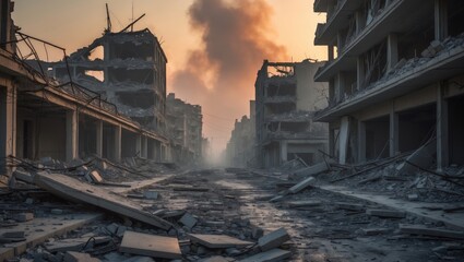 Fototapeta premium Destroyed urban landscape with damaged buildings, debris, and smoke, showing destruction and aftermath of a disaster or conflict.