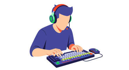 Young man wearing headphones and playing video games on a computer with keyboard and mouse.