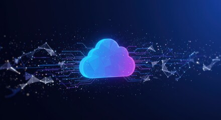 Digital cloud icon with abstract network connections on a dark blue background.