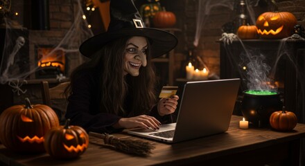 Woman witch doing online shopping on laptop with a credit card at Halloween, dark room decorated for holiday
