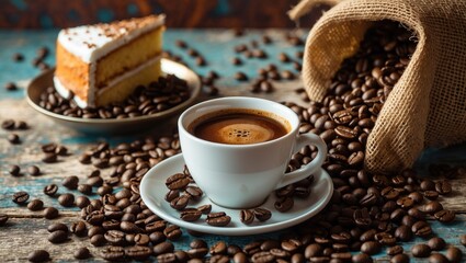 Fototapeta premium A cup of coffee surrounded by coffee beans, with a slice of cake on a plate and a burlap sack spilling coffee beans.