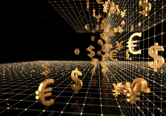 Gold currency symbols in digital 3d network on black background with copy space