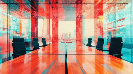 Modern conference room overlooking city skyline with glitch effect - Powered by Adobe
