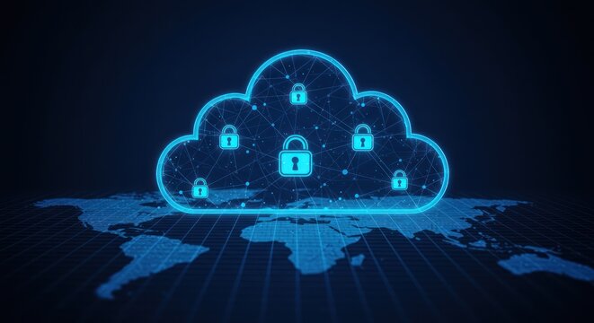 Digital cloud with lock icons security concept on a world map background.