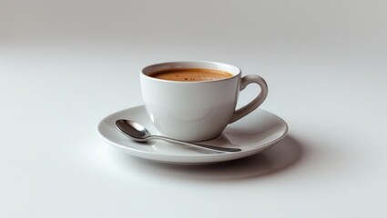 Obraz premium A cup of coffee on a saucer with a spoon, plain background.