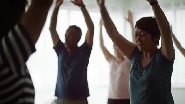 Diverse group doing yoga or tai chi in a bright studio, wellness