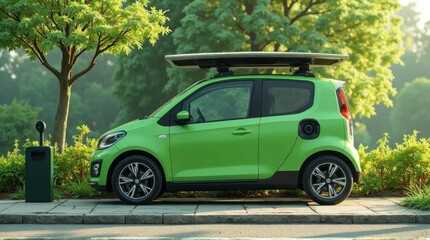 Green Compact Electric Car with Roof Solar Panel Parked in Natural Green Park