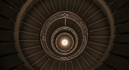 Stunning Aerial View of an Ornate Spiral Staircase: Architectural Design, Intricate Details, and Geometric Patterns in Sepia Tones. A captivating image perfect for interior design, architecture blo...