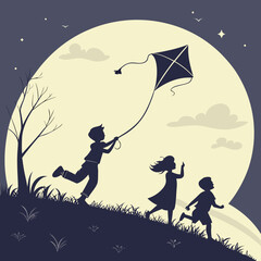 Children Flying Kite at Night Silhouette kids