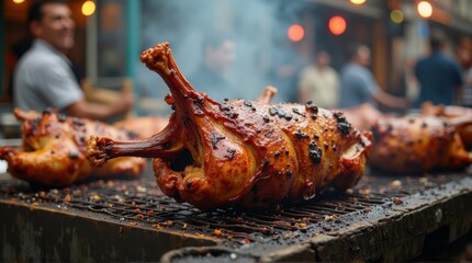 Roasted Lamb Leg Cooking on Grill at Night Market