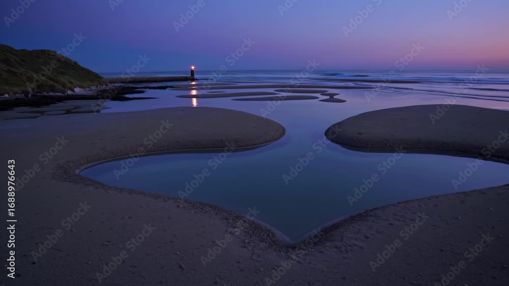 Aufkleber a scenic view of a heart shaped lagoon at dusk with a lighthouse in the background reflecting on the