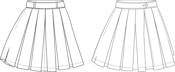 Pleated skirt flat sketch with front and back views, technical fashion CAD drawing of women’s skirt with waistband detail