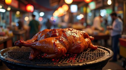 Roasted Whole Chicken on Grill in Busy Indoor Market with Warm Lighting