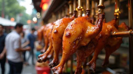 Roasted Duck Hanging on Brass Hooks at Street Market in Warm Lighting