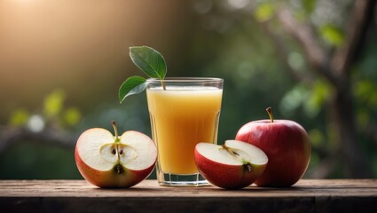 Fototapeta premium Fresh apples and apple juice on a wooden surface with a blurred natural background.