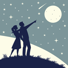 Couple looking at shooting star in starry night sky