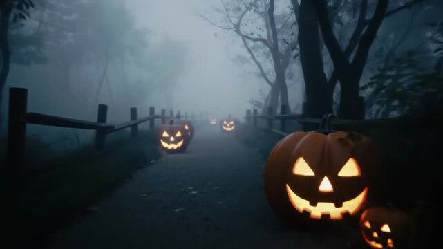 A spooky, foggy path through a dark forest illuminated by glowing jack-o'-lanterns, creating a mysterious and haunted Halloween trail atmosphere
