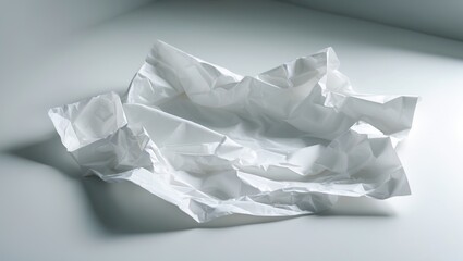 A crumpled piece of white paper on a plain surface.